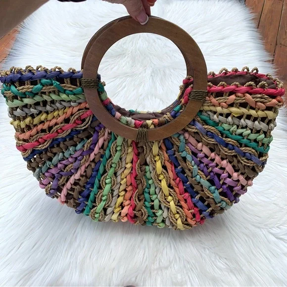 Vintage T. Cappelli Colorful Boho Straw Woven Bag Round Wooden Handle - Picture 7 of 10